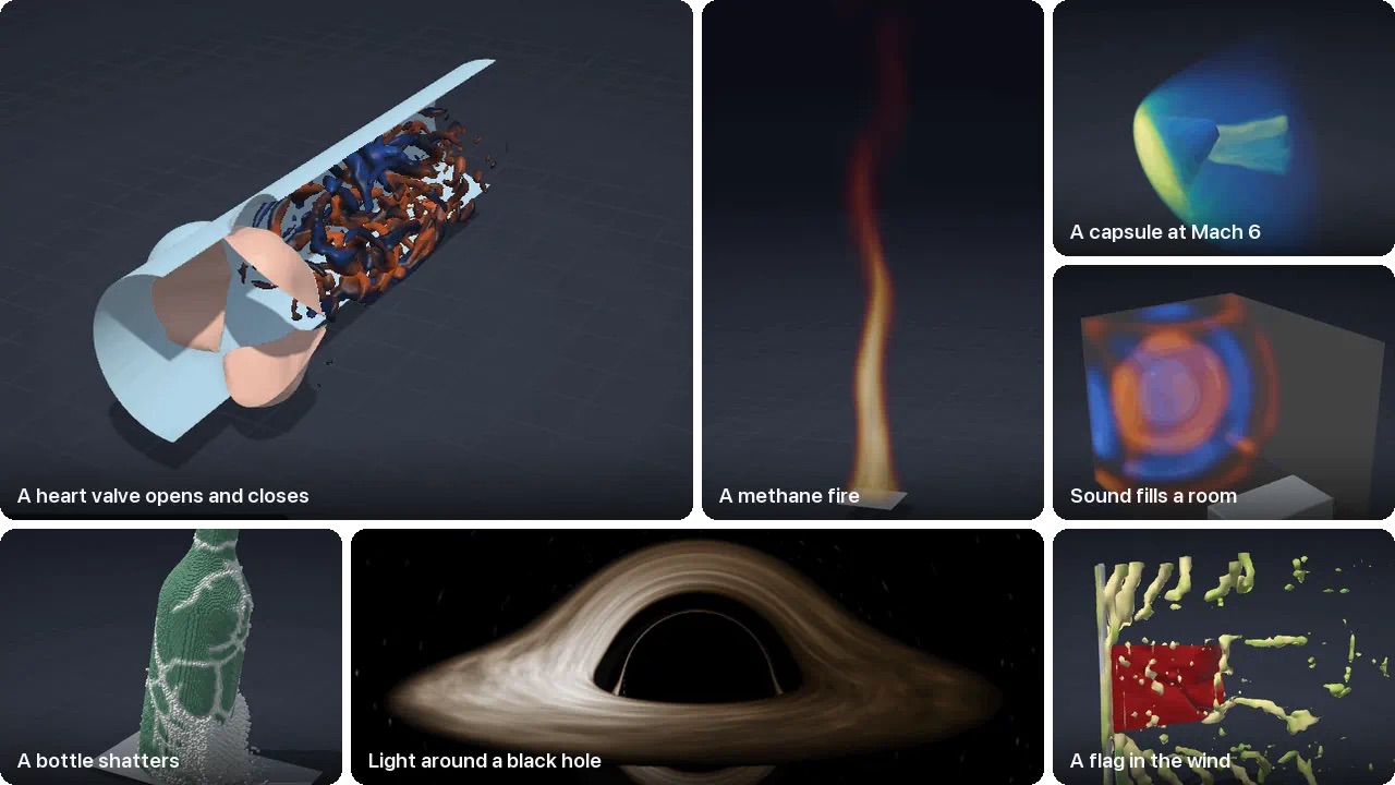 Seven of the lab's films playing at once: a heart valve opens and closes, a methane fire, a capsule at Mach 6, sound fills a room, a bottle shatters, light around a black hole, a flag in the wind